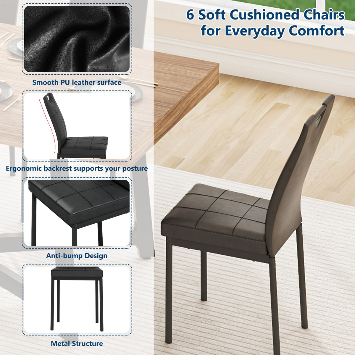 7 Pcs 71 inch Farmhouse Dining Table with Chairs Set for 6 Walnut F143034