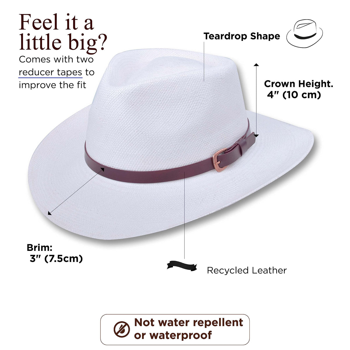 Panama Hat Teardrop Shape Recycled Leather Toquilla Straw V89359