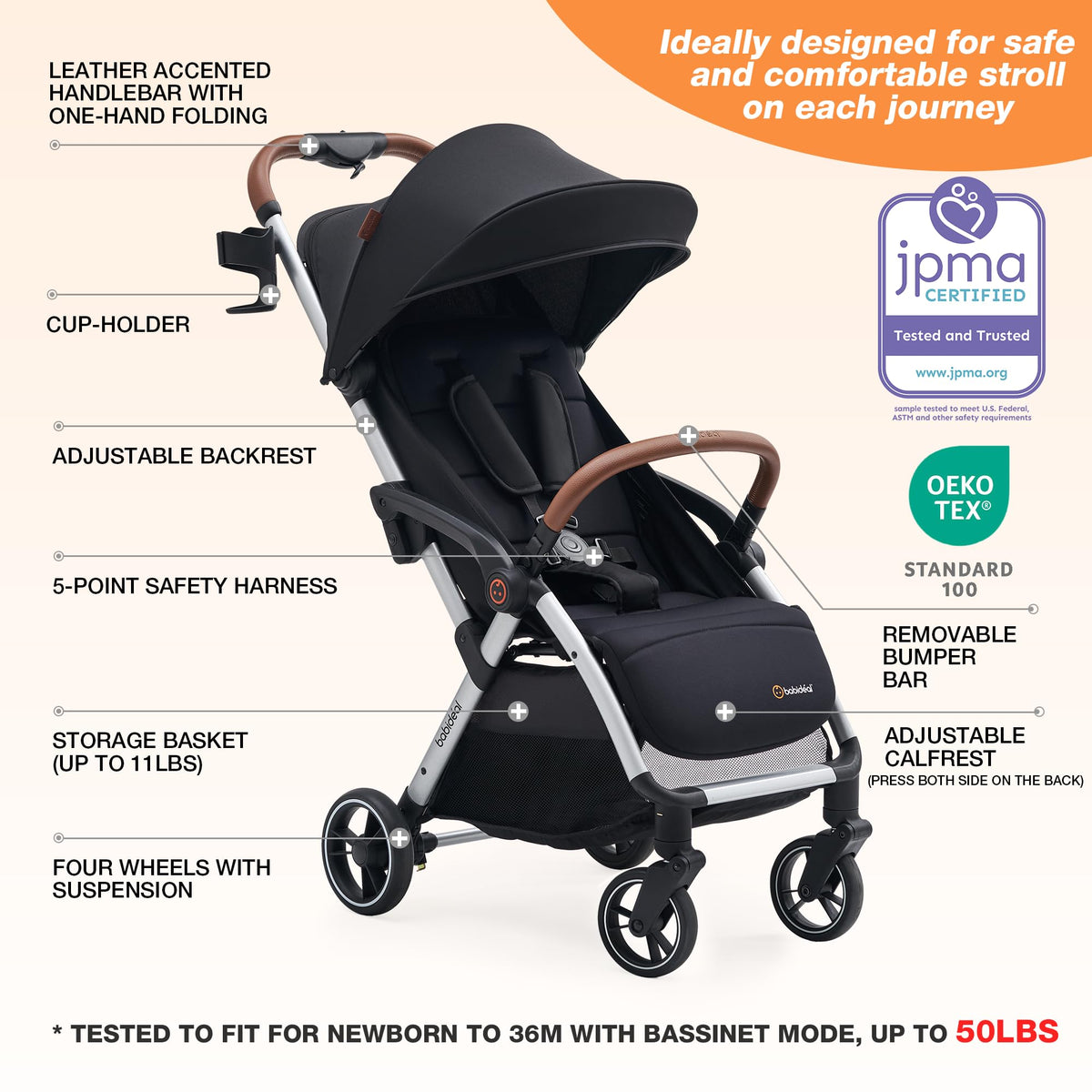 Lightweight Self-Folding Baby Stroller with Canopy and Cup Holder V6626