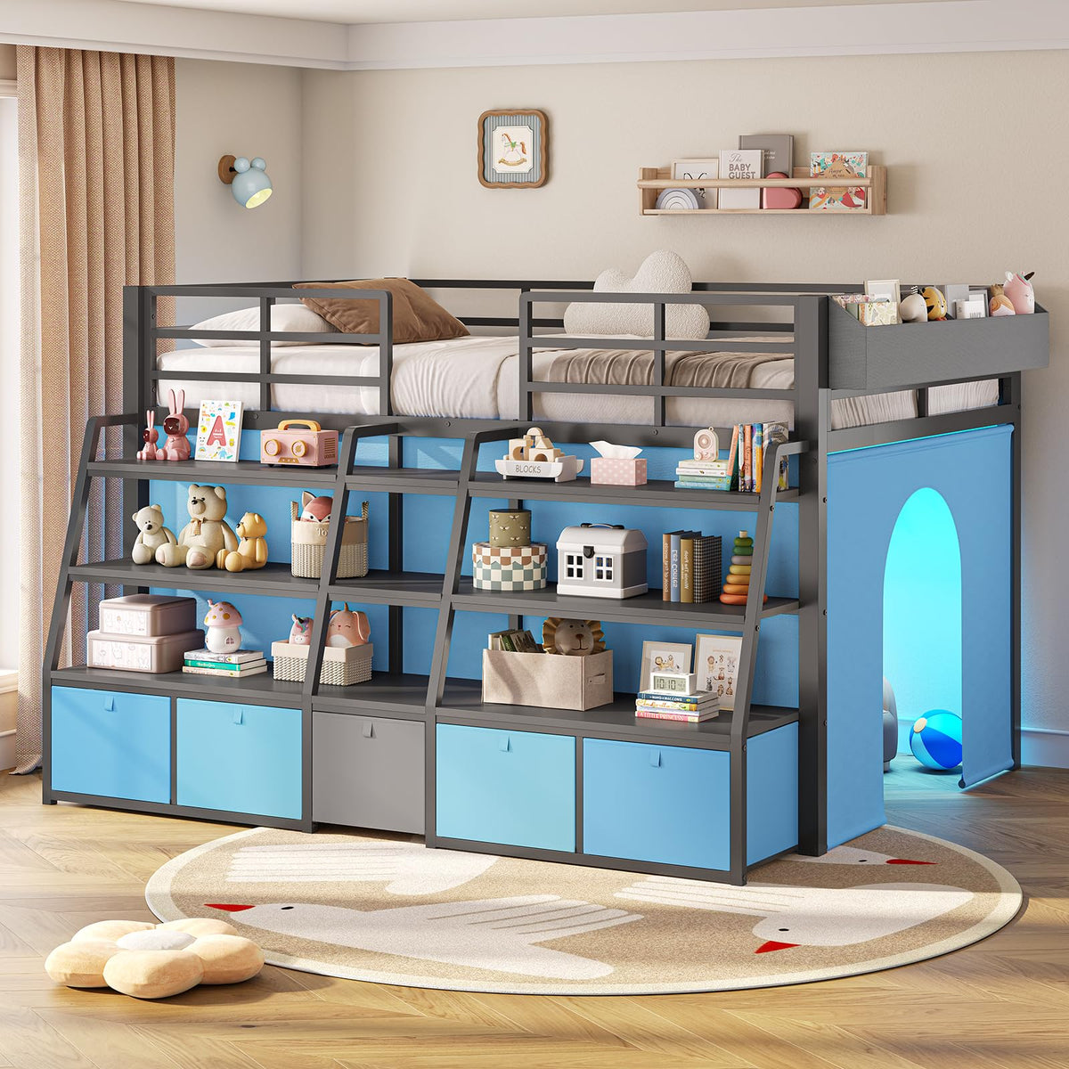 Twin Size Grey Low Loft Bed with 5 Drawers V31121