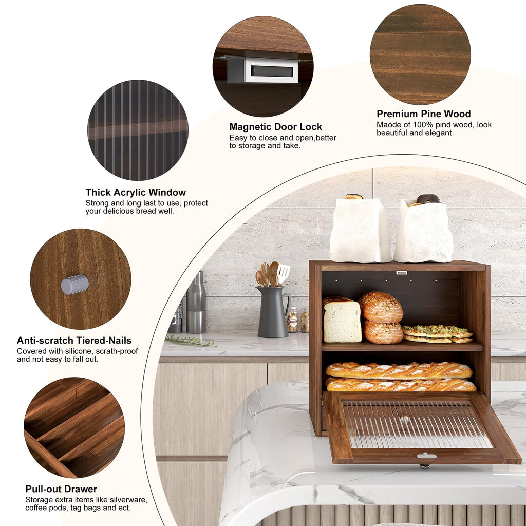 Wooden Bread Box with Drawer & Window U981507