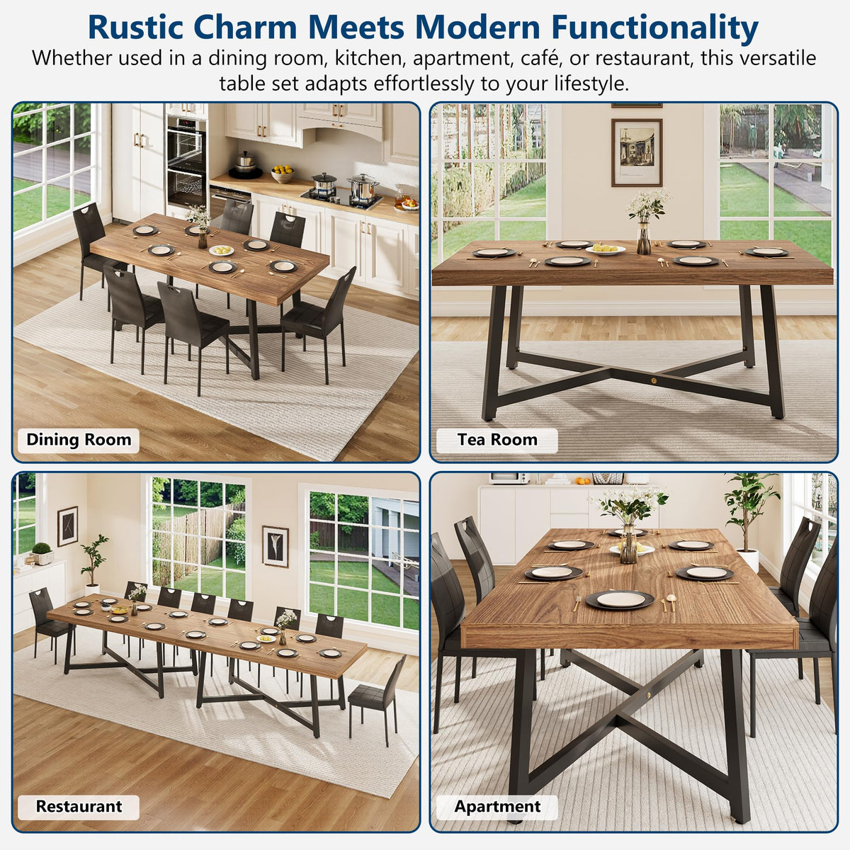 7 Pcs 71 inch Farmhouse Dining Table with Chairs Set for 6 Walnut F143034