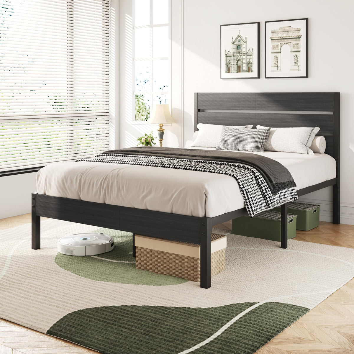 Twin Bed Frame with Headboard and Footboard, Metal, Under-Bed Storage, Grey B3508