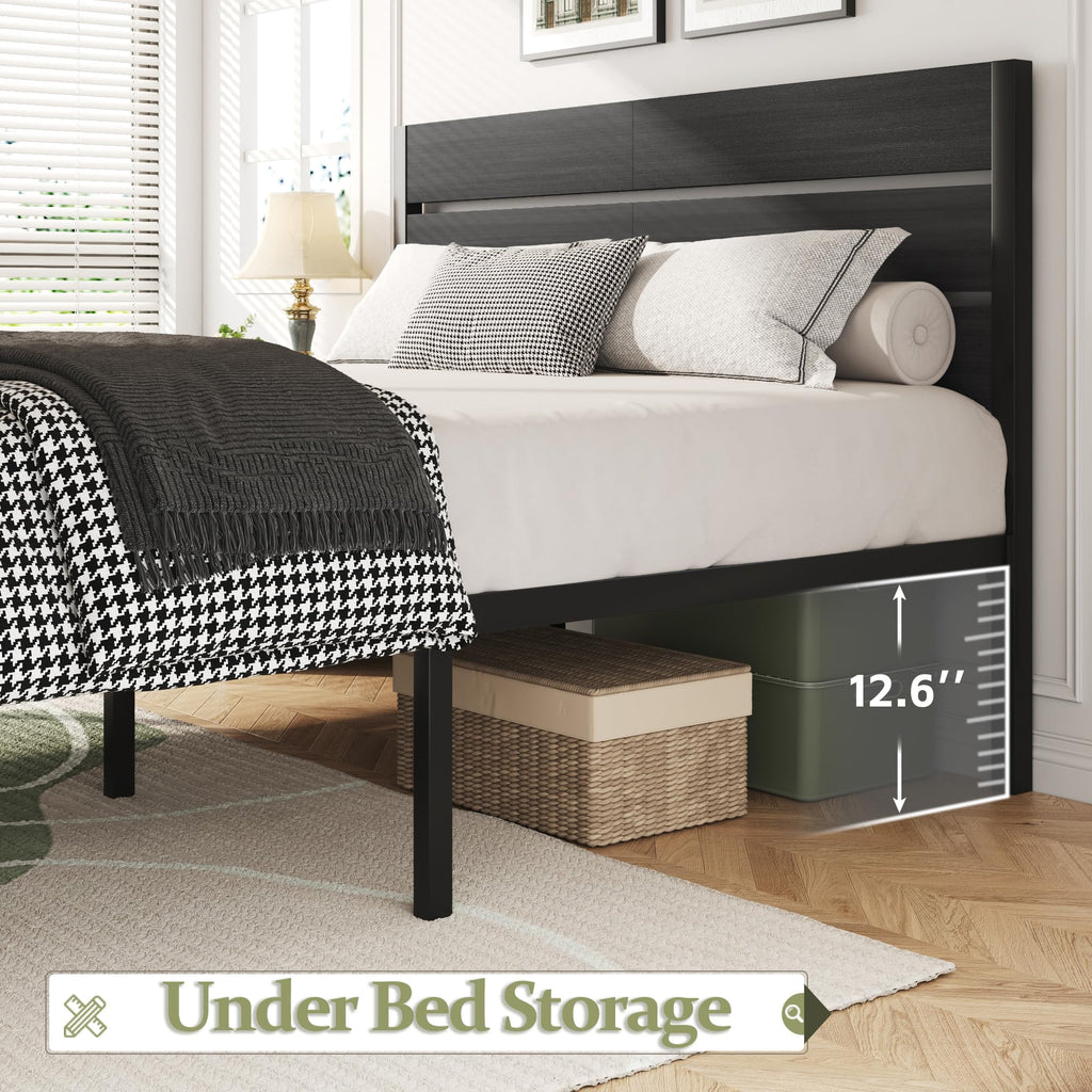 Twin Bed Frame with Headboard and Footboard, Metal, Under-Bed Storage, Grey B3508