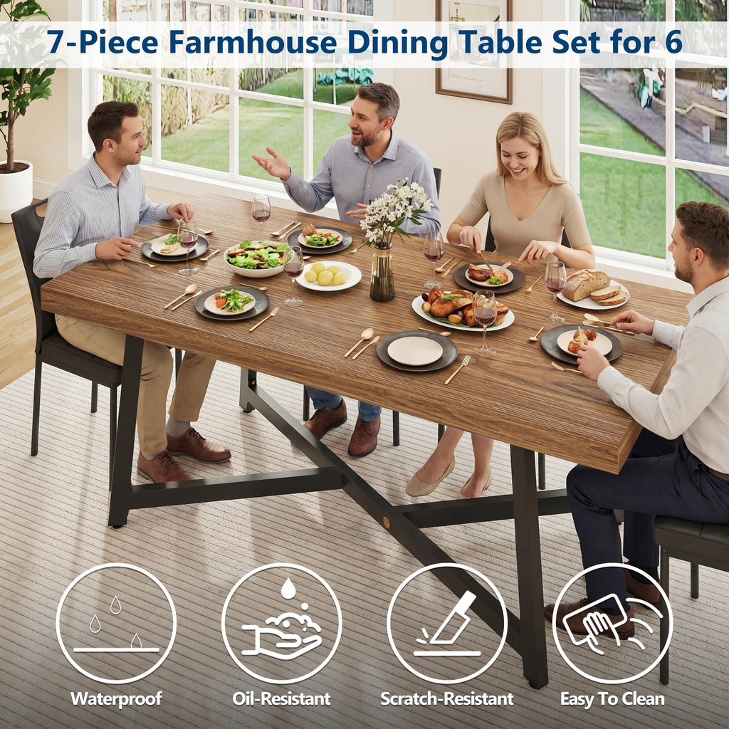 7 Pcs 71 inch Farmhouse Dining Table with Chairs Set for 6 Walnut F143034
