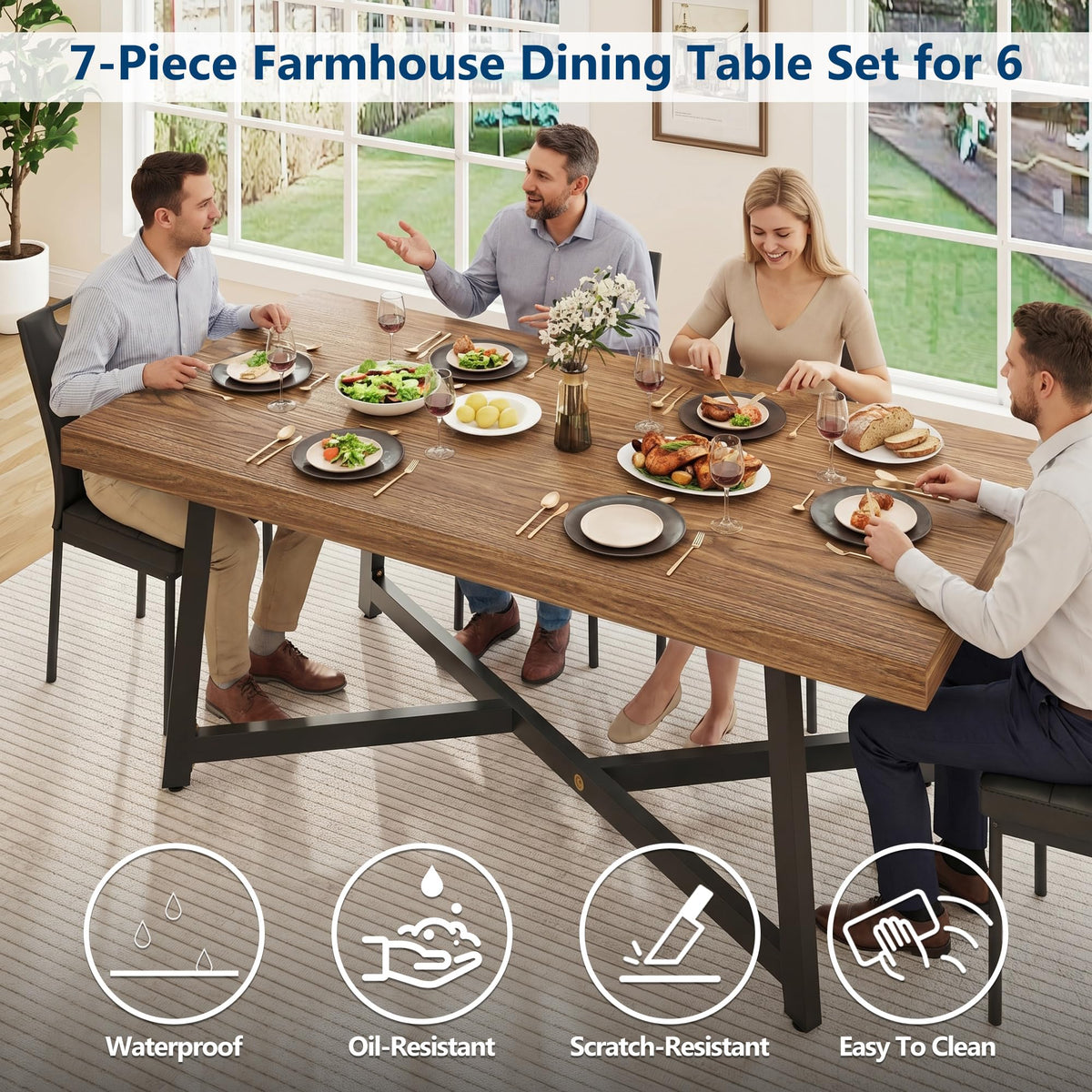 7 Pcs 71 inch Farmhouse Dining Table with Chairs Set for 6 Walnut F143034