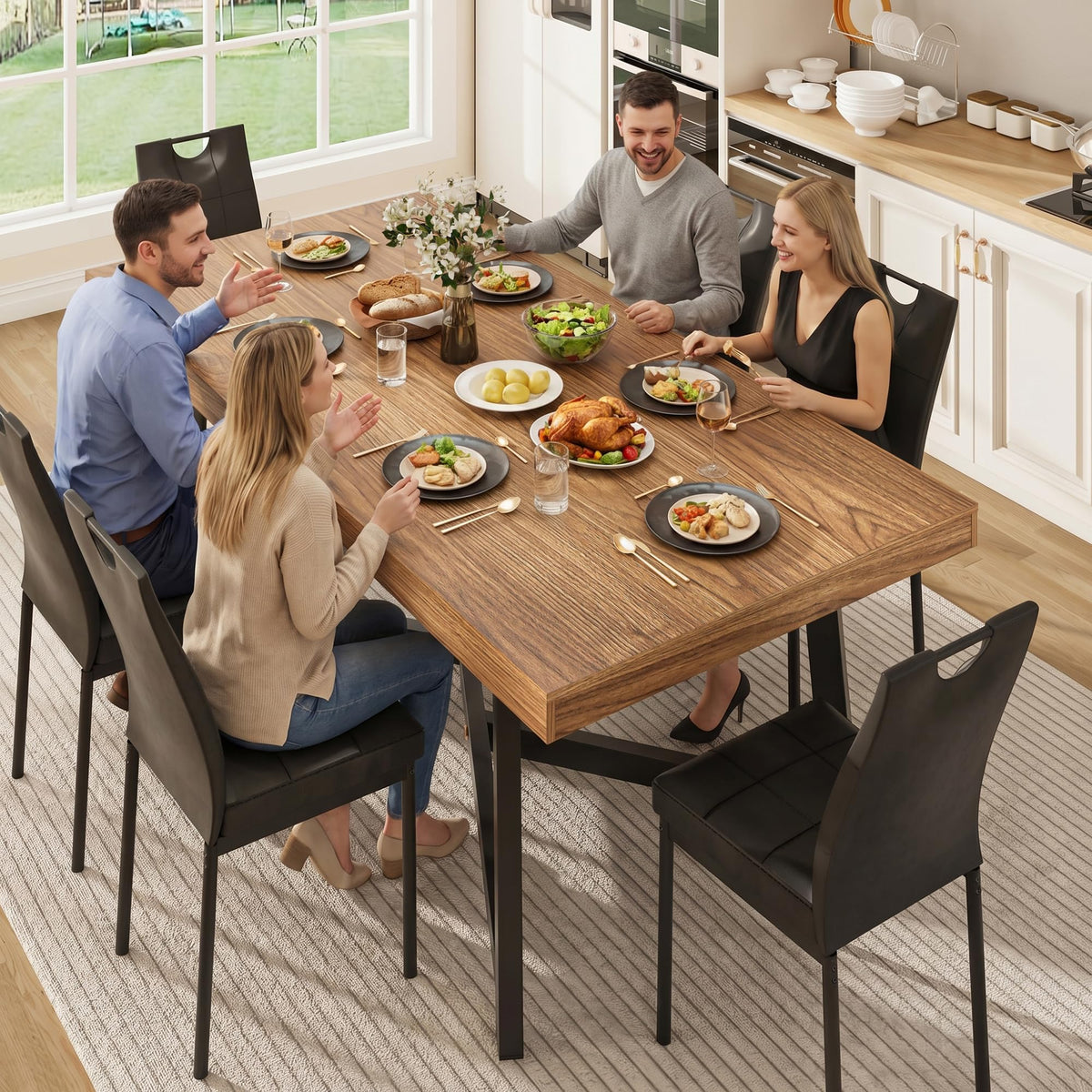 7 Pcs 71 inch Farmhouse Dining Table with Chairs Set for 6 Walnut F143034