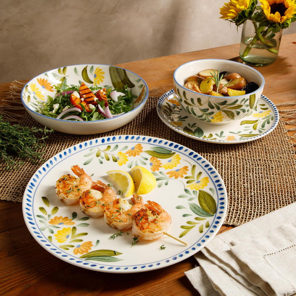 Hand Painted Stoneware Floral Dinnerware Set, Service for Four (16pcs) L340