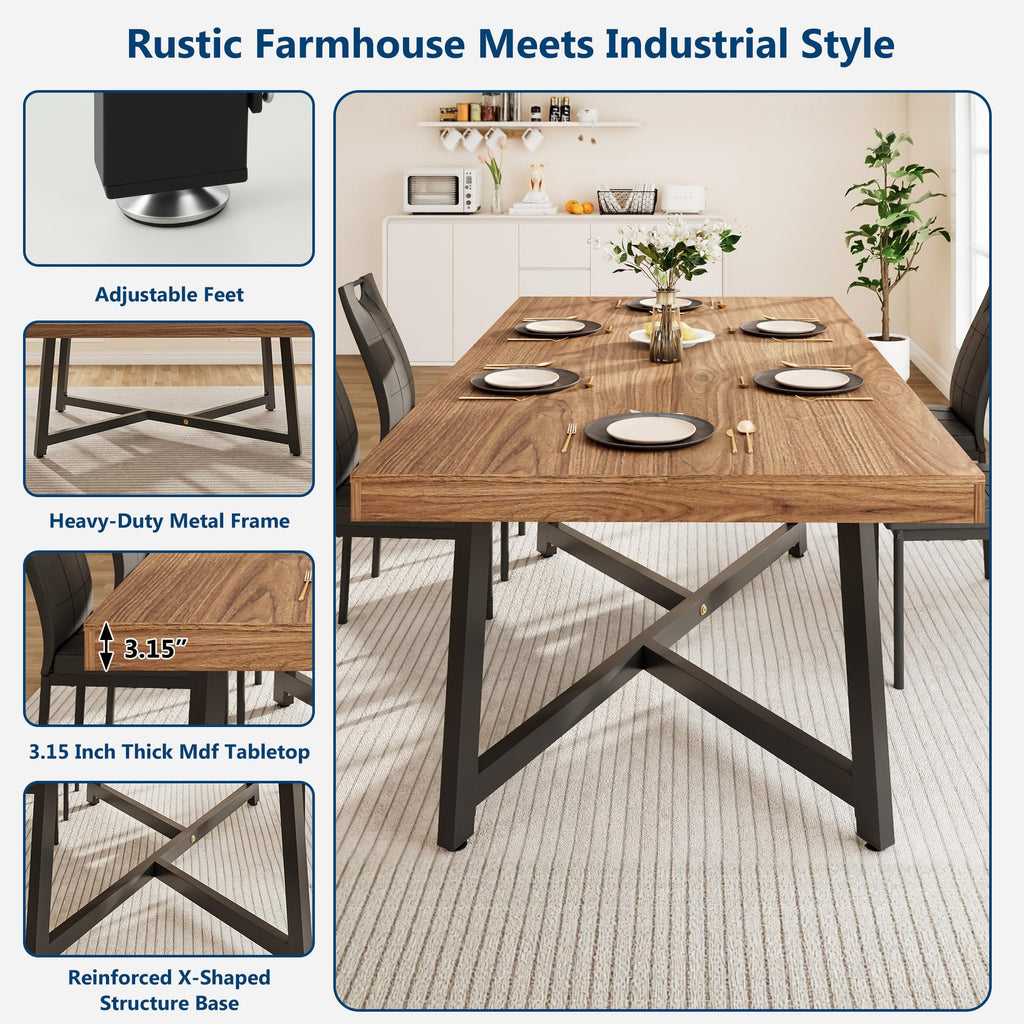 7 Pcs 71 inch Farmhouse Dining Table with Chairs Set for 6 Walnut F143034