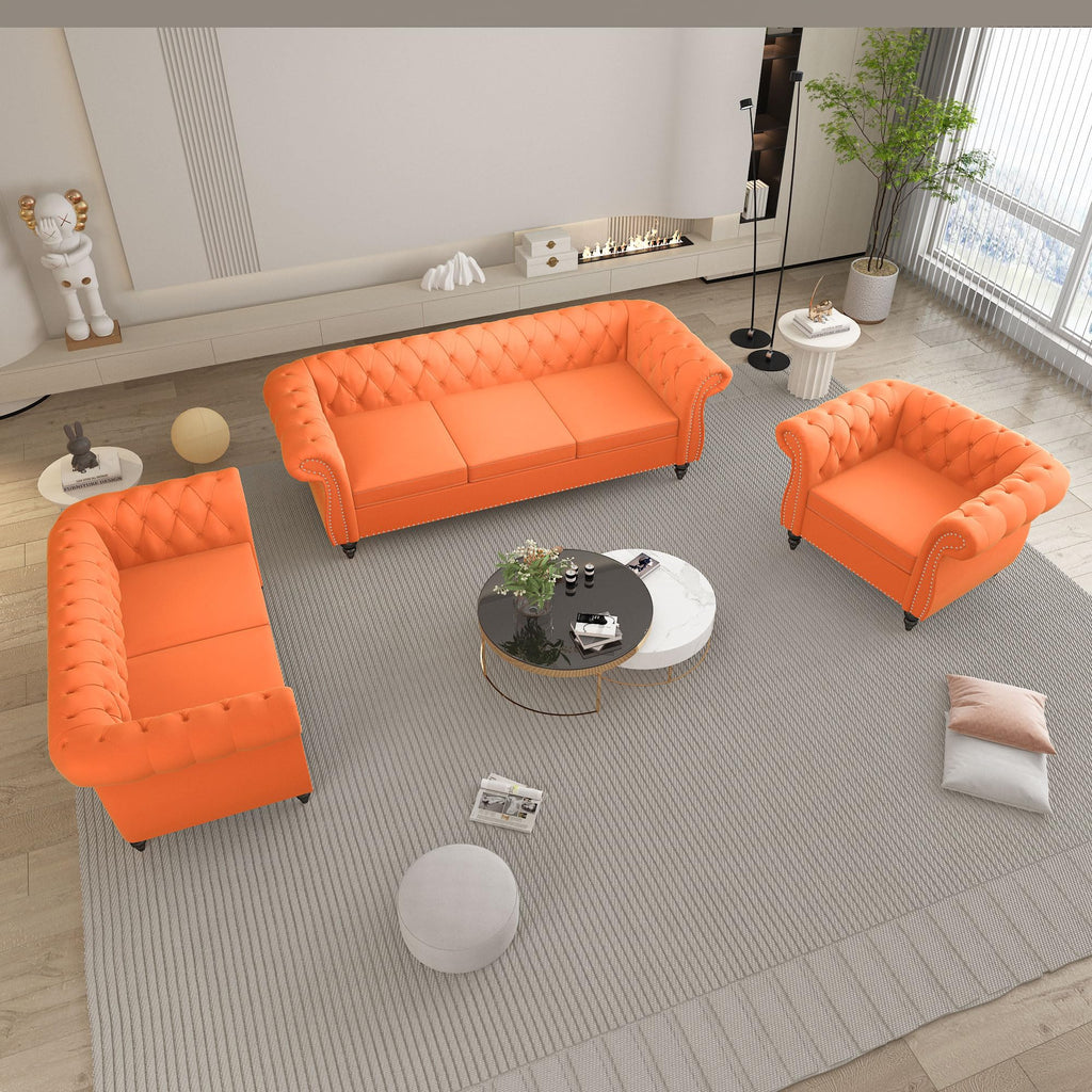 Orange Velvet Tufted Sofa Set G15766