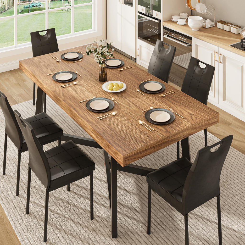 7 Pcs 71 inch Farmhouse Dining Table with Chairs Set for 6 Walnut F143034